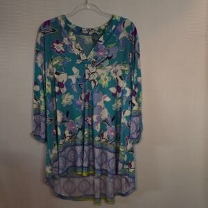 Honeyme Curvy Tunic Top XXXL Sexy Floral V Neck High Low 3/4 Sleeve Boho